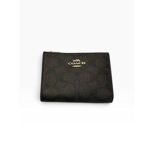 Coach Bifold Wallet Womens Small Brown Signature Monogram Gold Logo NWOT